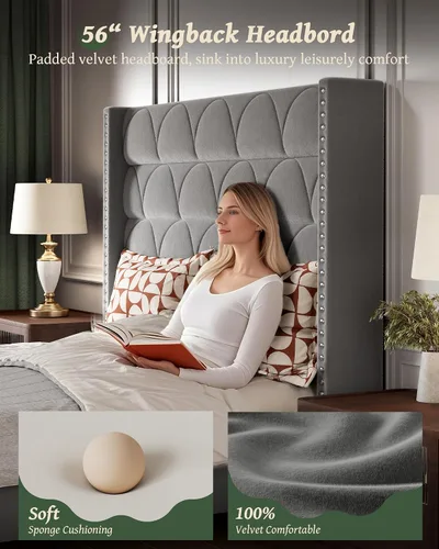 Miniatura 5 de OHOHOLIVE Marco de cama tamaño Queen con cabecero de 56 pulgadas, marco de cama tapizado de terciopelo con plataforma con respaldo de alas, sin Gris