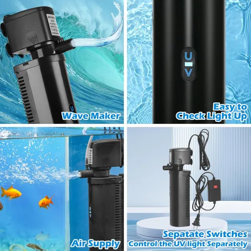 Miniatura 5 de Filtro Pequeño para Estanque de 75-300 Galones, Filtro de Acuario U-V Máquina Limpieza Verde Sumergible Bomba Potente Filtro de Cartucho 600GPH