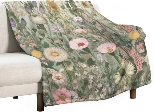 Miniatura 14 de Manta de vellón de hierbas y flores silvestres con plantas botánicas para primavera y verano, con margaritas y hojas florales, manta de franela