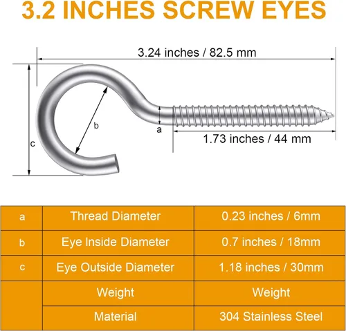 Miniatura 2 de Paquete de 6 ojos de tornillo de acero inoxidable 304 de 3.2 pulgadas, ganchos de rosca resistentes para soporte de hamaca, techo interior y exterior