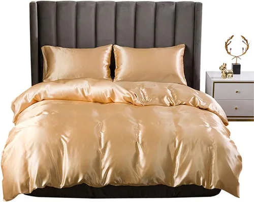 Juego de funda de edredón de seda champán, tamaño Queen, juego de funda de edredón de satén similar a la seda, decoración de color sólido, juegos de