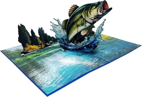 Miniatura 5 de Bass Fish - Tarjeta de felicitación emergente 3D Diseño de tarjeta de cumpleaños emergente hecha a mano simbólica para cumpleaños, aniversarios