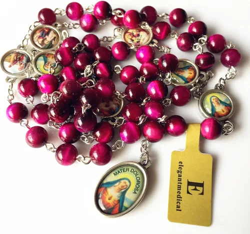 Miniatura 8 de elegantmedical Hecho a mano con cuentas de jade de ojo de tigre rojo raro, siete penas, medalla de María, rosario, regalo católico, Jade, No es una