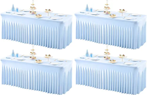 Miniatura 48 de Paquete de 1 manteles azul bebé para mesas rectangulares de 4 pies, cubiertas de mesa de spandex elástico de una pieza resistentes a las arrugas