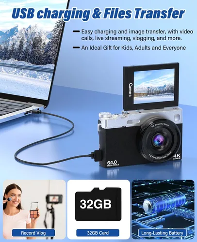 Miniatura 4 de Nueva cámara digital 4K para fotografía y vlogging, cámaras de viaje con pantalla abatible de 180° de 64MP y 2.88 pulgadas con zoom de 16X, tarjeta