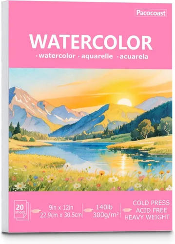 Miniatura 12 de Pacocoast Bloc de papel de acuarela, 9 x 12 pulgadas (300 gsm/140 libras) de prensa en frío, cuaderno de bocetos de color de agua, 20 hojas.