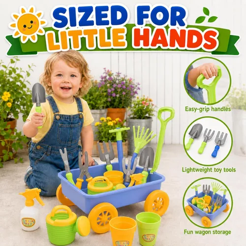 Miniatura 6 de Jardín Wagon & Herramientas juguete Juego Para Niños Con 8 herramientas de jardinería, 4 macetas, cubeta de agua y spray – ideal para playa & Sand