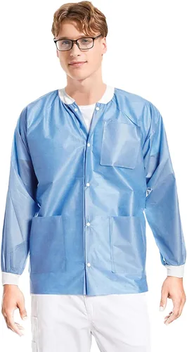 Miniatura 10 de Paquete de 10 chaquetas desechables de laboratorio, chaqueta médica reutilizable hasta la cadera, unisex, con puños de punto y bolsillos