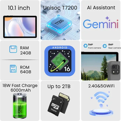 Miniatura 2 de Tablet Android 16 actualizada 2026 de 10.1 pulgadas, procesador Octa-Core, 24 GB de RAM 64 GB ROM 2 TB expandible, pantalla táctil HD de 1280 x 800