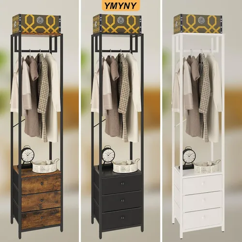 Miniatura 9 de YMYNY Percheros con cajones, organizador de armario alto independiente con 3 cajones de tela, soporte de ropa para colgar camisas, abrigo, 15.35