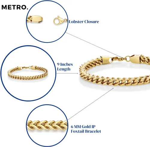 Miniatura 4 de Metro Jewelry Pulsera de cola de zorra gruesa de 9 a 10 pulgadas de largo para hombre en acero inoxidable con chapado en oro y garra de langosta