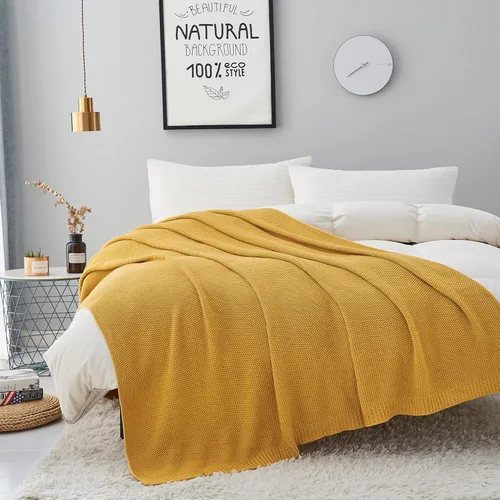 Miniatura 7 de Longhui bedding - Manta de punto trenzado de algodón amarillo mostaza para sofá cama, mantas de punto ligeras decorativas para el hogar con bolsa