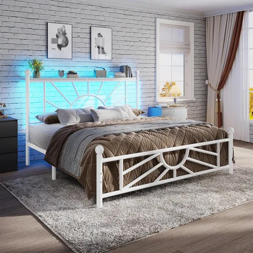 Miniatura 26 de Homkdom Marco de cama de plataforma de metal tamaño Queen de 14 pulgadas con cabecero, marco de cama victoriano Queen con almacenamiento debajo