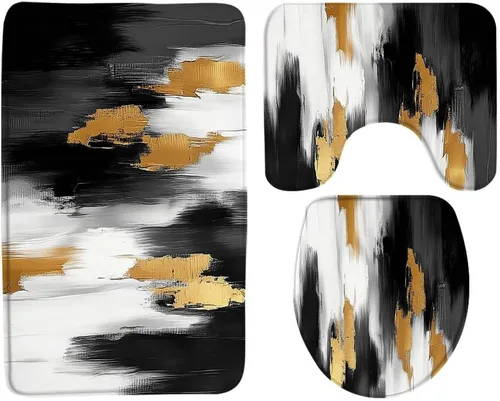 3 Pcs Black White Gold Bath Rugs Set,Modern Abstract Brush Strokes Oil Painting Art Kitchen Rug with 16"x24" Bath Mat+U-Shaped Toilet Rug+Toilet