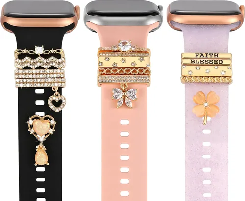 Miniatura 11 de 15 dijes de reloj con 12 trabillas decorativas para anillos, 3 tachuelas, accesorios de correa deslizante de diamante de metal compatibles con Apple