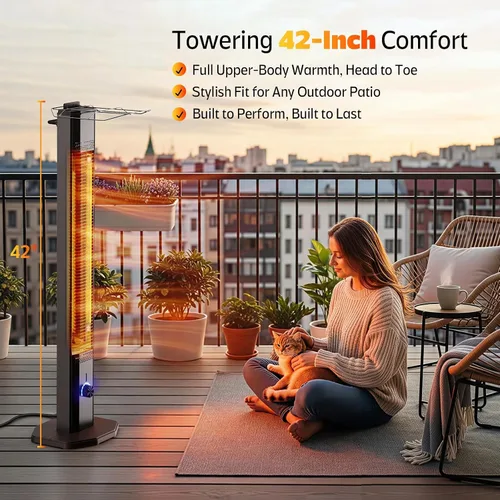 Miniatura 2 de Calentador eléctrico para patio al aire libre, calentador de torre infrarrojo de 42 pulgadas de 1500 W con 9 ajustes de calor y temporizador de 9