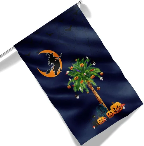 Miniatura 4 de Bandera de brujería de Halloween de Carolina del Sur, calabazas, palmeras, Carolina del Sur, bandera de jardín de Halloween