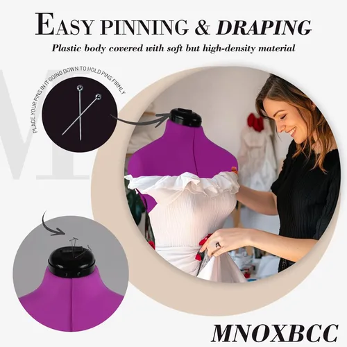 Miniatura 3 de Formas de vestido para costura, maniquí femenino morado ajustable talla 6-14, cuerpo de modelo que se puede sujetar con alfileres con 13 diales