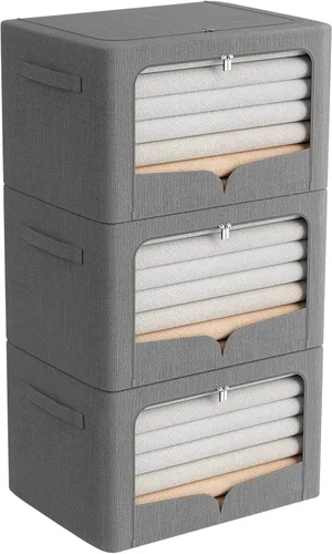 Miniatura 9 de FHSQX Paquete de 3 contenedores de almacenamiento de ropa, caja de almacenamiento plegable con marco de metal, juego organizador apilable de tela