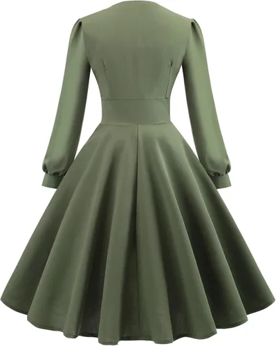 Miniatura 2 de Wellwits Vestido vintage de otoño de manga larga con cuello en V para mujer