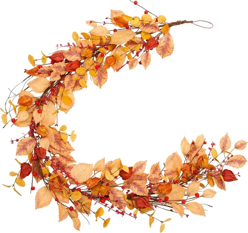 Guirnalda de otoño de 5 pies, guirnalda de hojas artificiales de otoño, cosecha, festival, decoración de otoño con hojas de otoño y grosellas para