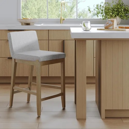 Miniatura 22 de Nathan James - Gracie - Moderno taburete alto con respaldo, silla alta tapizada con lino texturizado natural y patas de madera cepillada - Marrón