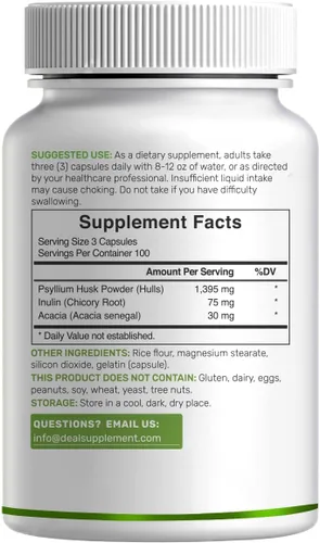 Miniatura 6 de Cáscara de psyllium 1500mg por porción, 300 cápsulas – Suplemento de fibra 3 en 1 con complejo de inulina y acacia – Fibra soluble natural, apoya
