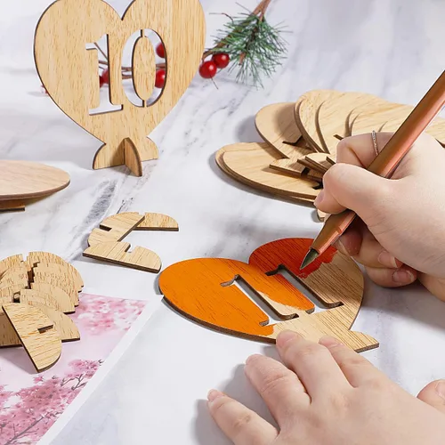 Miniatura 3 de Números de mesa de madera con forma de corazón del 1 al 20 con base de soporte, tarjetas de madera rústicas huecas para bodas, fiestas, decoración