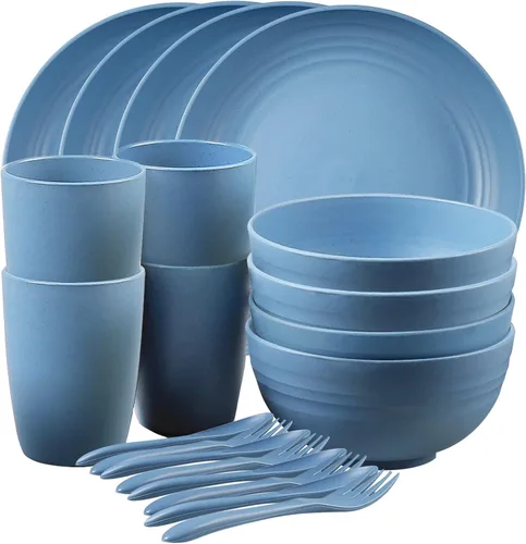 Shopwithgreen Juego de vajilla de paja de trigo para 4, juego de 20 platos y cuencos irrompibles, juego de platos reutilizables para cena, cuencos,