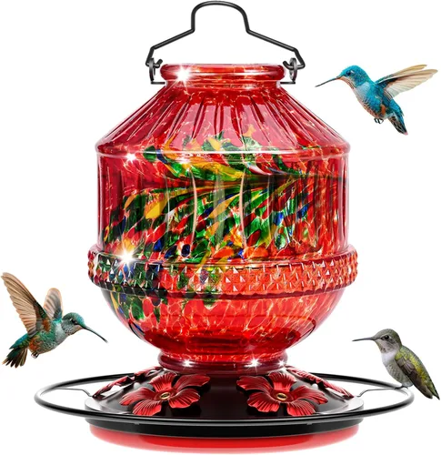 Miniatura 8 de Comederos de vidrio soplado para colibríes para exteriores, comedero de néctar para pájaros silvestres de 25 onzas con percha y 5 puertos
