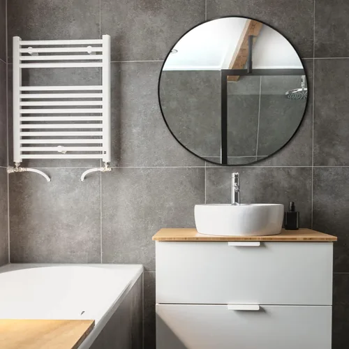 Miniatura 5 de Espejo de tocador redondo con marco de metal negro (30 pulgadas), moderno montaje en pared para decoración del hogar, vidrio para baño para sobre