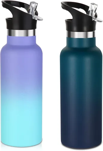 Miniatura 18 de Volhoply Botella de agua aislada para niños de 17 onzas, botellas de agua de acero inoxidable con tapa con pajilla, botella de agua de metal al