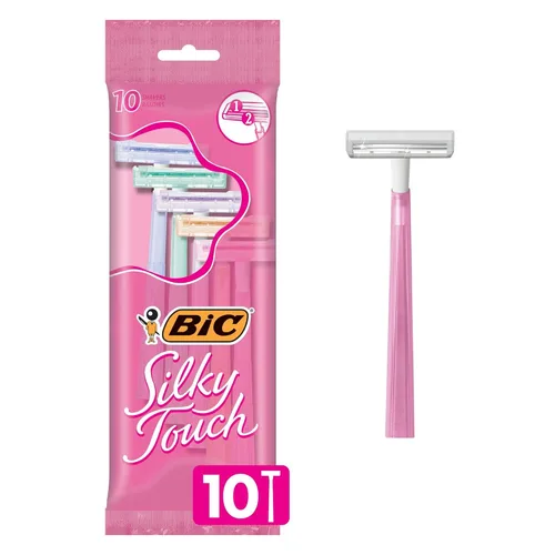 BIC Silky Touch - Maquinillas de afeitar desechables para mujer, con 2 cuchillas, mangos de rastrillo en colores pastel, paquete de 10 unidades