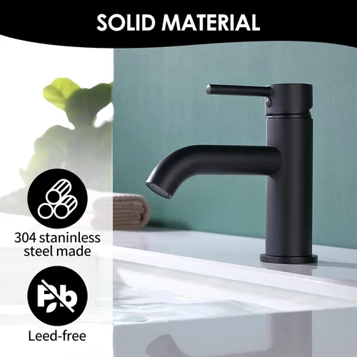 Miniatura 2 de Grifo de baño de una sola manija negro con conjunto de desagüe de metal y escudo, negro mate (negro mate-JO1)