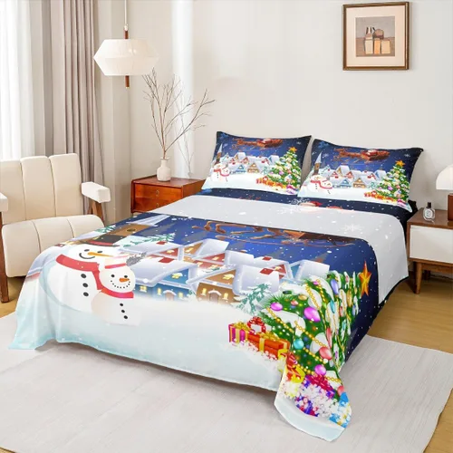 Miniatura 30 de Manfei juego de sábanas de Navidad tamaño completo, juego de ropa de cama con árbol de Navidad en forma de muñeco de nieve para la decoración