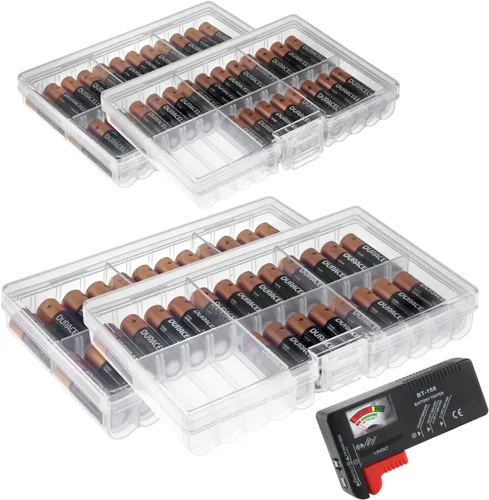 GlossyEnd Juego de 4 cajas de almacenamiento de baterías AA y dos AAA, soporte para almacenamiento de batería con probador, transparente. Cada