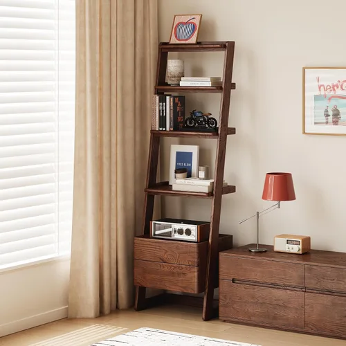Miniatura 20 de Estante de Escalera 100% Roble Macizo con Gabinete, Mesita de Noche de 32.67" de Alto con Marco Estable para Dormitorio, Pequeña Estantería