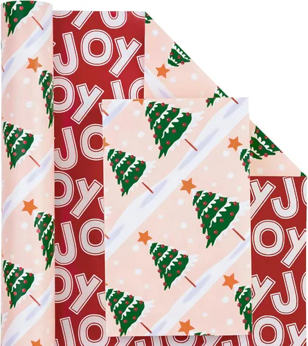 Miniatura 2 de WRAPAHOLIC - Papel de regalo de Navidad reversible, minirollo, 17 pulgadas x 33 pies, diseño de árbol de Navidad con letras “joy”, perfecto