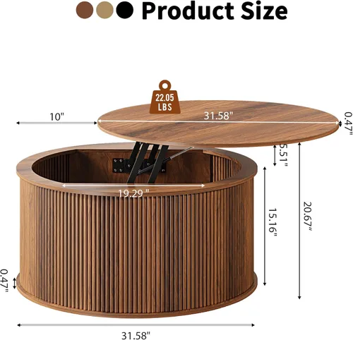 Miniatura 2 de Mesa de Centro con Tapa Elevable, Mesa de Centro Redonda Acanalada con Almacenamiento, Mesa de Comedor Central Estilo Granja Mesa Circular para Sala
