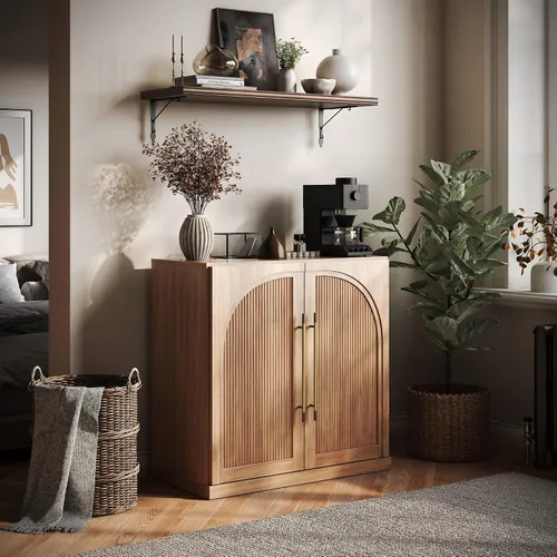Miniatura 53 de BELLEZE Aparador Modular Acanalado Buffet con Almacenamiento, Mesa Consola Moderna de Mediados de Siglo con Puertas Arqueadas Simétricas, Elegante