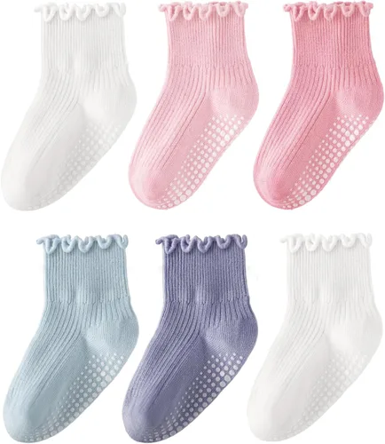 Miniatura 11 de HONGTEYA - 6 pares de calcetines con volantes para niñas, calcetines antideslizantes para bebés con agarre para niñas y niños de 1 a 2 años, 3 a 4