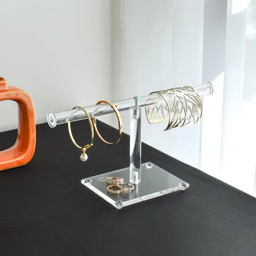 Miniatura 18 de MOOCA Organizador de joyas de acrílico transparente de lujo, soporte de pulsera de barra en T de 2 niveles, soporte de collar acrílico, soporte