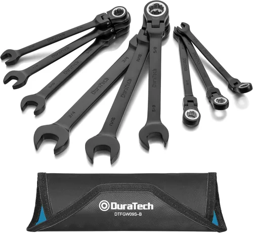 DURATECH Juego de llaves de trinquete de cabeza flexible de 9 piezas, juego de llaves combinadas, 72 dientes, SAE, 5/16 pulgadas a 3/4 pulgadas,