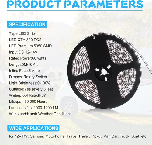 Miniatura 5 de Tira de luz LED para toldo de fiesta, 16.4 pies, tira de luces LED para caravana, cámper, impermeable, para exteriores, para fiestas, cámper