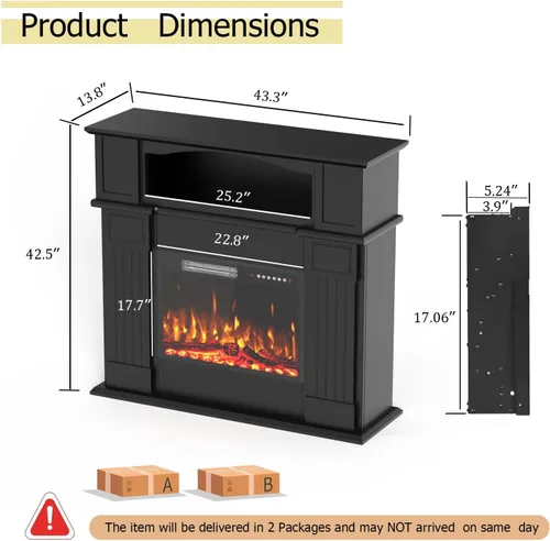 Miniatura 2 de PRETZI Chimenea eléctrica de 43 pulgadas con repisa, chimenea eléctrica de madera negra envolvente con repisa, inserto de chimenea de imitación