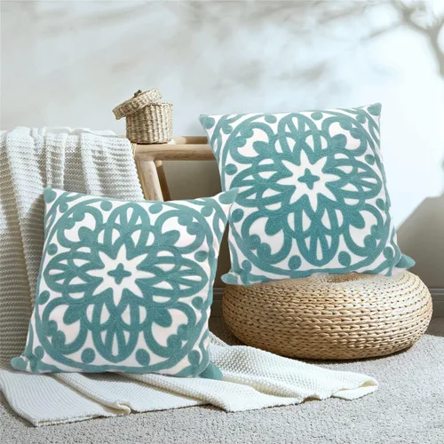 Miniatura 64 de Alysheer - Funda de almohada lumbar decorativa bordada 12" x 20", patrón de bordado clásico Boho Mandala, funda de cojín rectangular de algodón
