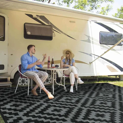 Miniatura 23 de Alfombra de paja de plástico para patio al aire libre, 5 x 8 pies, impermeable, reversible, alfombra de área, patio, caravana, porche, balcón, Azul