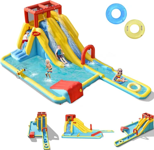 Miniatura 8 de BOUNTECH Tobogán acuático inflable, toboganes de surf duales para niños, parque de toboganes de agua, castillo inflable con 2 anillos de natación