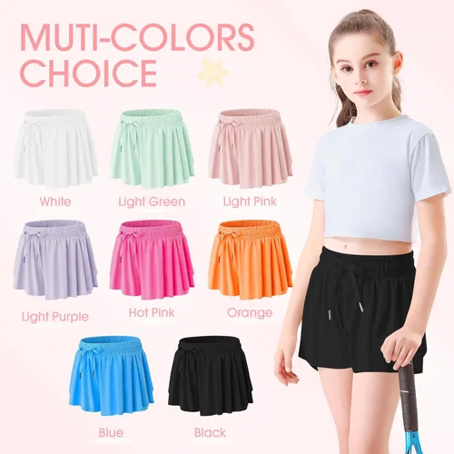 Miniatura 4 de 2 Packs Girls Athletic Butterfly Shorts Flowy Shorts for Kids with Pocket 2-in-1 Tennis Running Shorts for Active Workout