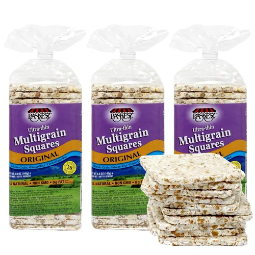 Cuadrados ultrafinos de grano entero salados – sin grasa, sin OGM – Bocadillos bajos en calorías – Todo natural – Mezcla saludable de trigo, arroz,